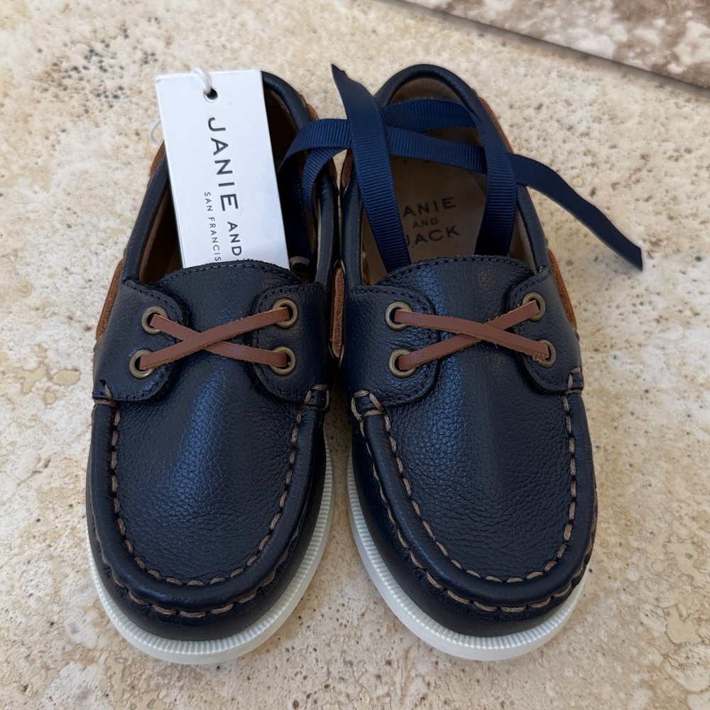 Janie and Jack Dark Blue Leather Boat Shoes